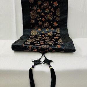 EUC Japanese Silk Table Runner Black w Embroidery, approx 72" long, 12" wide